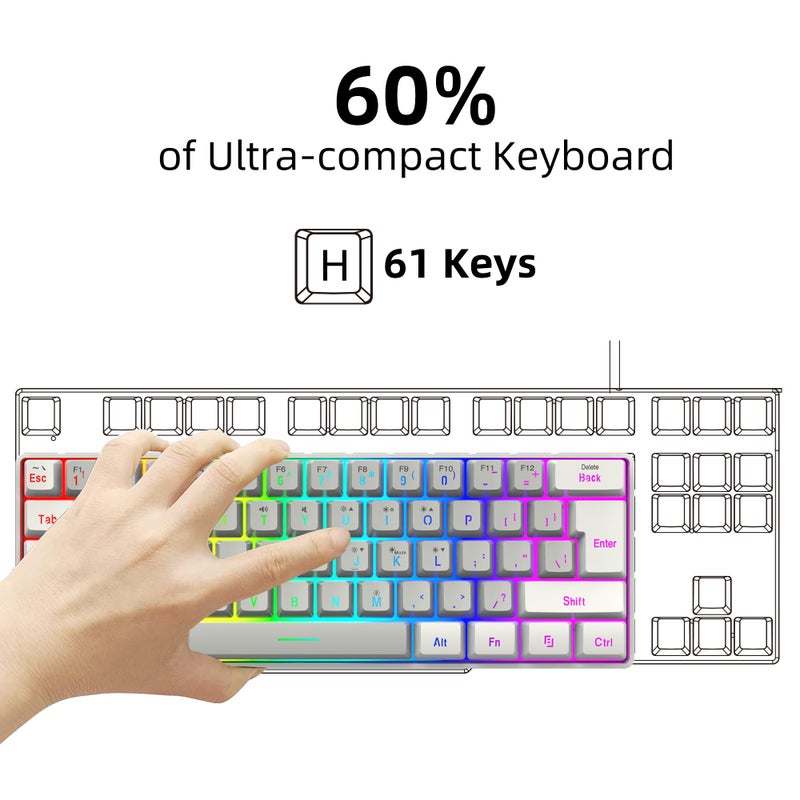 Snpurdiri 60% Wired Gaming Keyboard, SmallUltra-Compact 61 Keys RGB Backlit 60 Percent Gaming Keyboard for PC/Mac Gamer, Typist, Travel, Easy to Carry on Business Trip(White-Grey) - Image 3