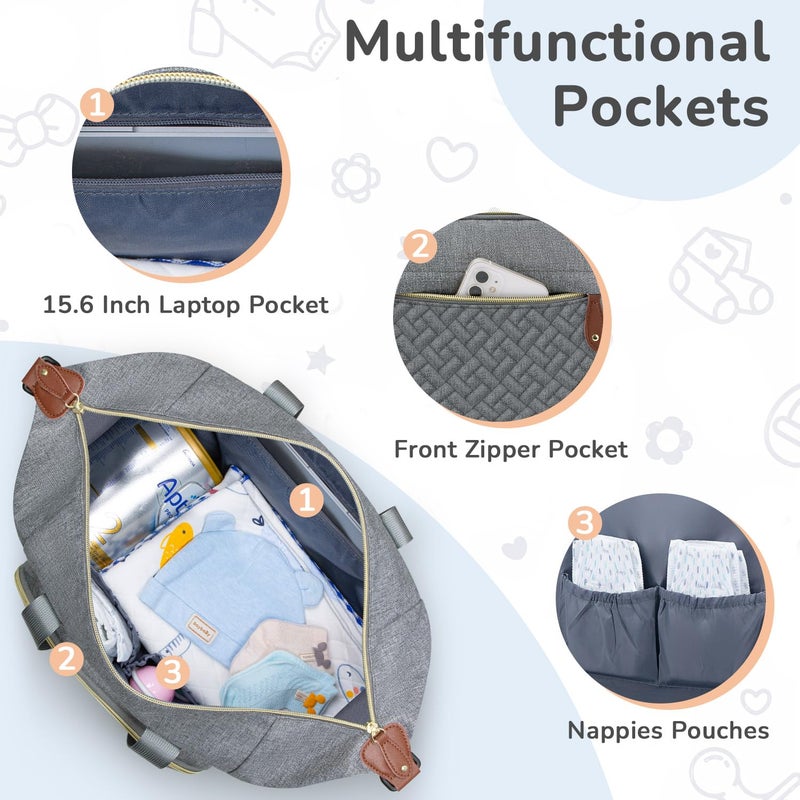 Tenot Diaper Bag Tote, Baby Bag Travel Diaper Tote Bag with Pacifier Case, Cute Maternity Hospital Baby Stylish Diaper Tote for Mom Dad Grey - Image 3