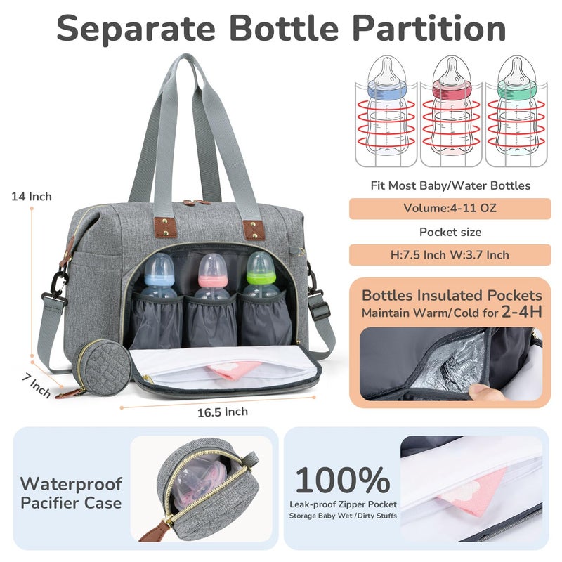 Tenot Diaper Bag Tote, Baby Bag Travel Diaper Tote Bag with Pacifier Case, Cute Maternity Hospital Baby Stylish Diaper Tote for Mom Dad Grey - Image 2