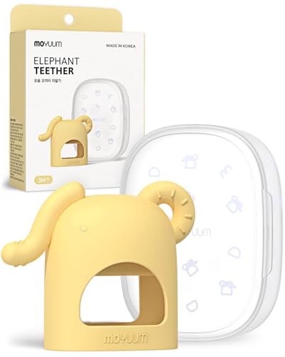 Moyuum Silicone Elephant Grip Hand Teether Toy | Made in Korea, Provides Teething Relief, Wearable Teether is Easy to Hold, Drop Resistant with Adjustable Wrist Strap, Babies 3+ Months, Yellow - Image 1