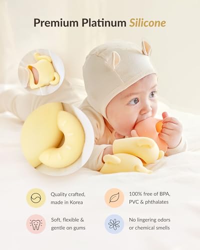 Moyuum Silicone Elephant Grip Hand Teether Toy | Made in Korea, Provides Teething Relief, Wearable Teether is Easy to Hold, Drop Resistant with Adjustable Wrist Strap, Babies 3+ Months, Yellow - Image 2