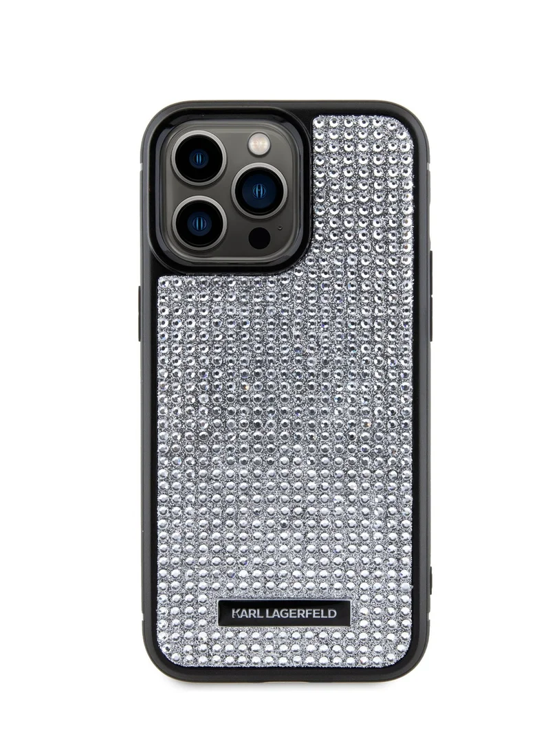 كارل لاغرفيلد جراب iPhone 15 Pro مرصع بأحجار الراين مع لوحة معدنية بشعار / سهل التركيب / حماية من السقوط / غطاء خلفي رفيع - فضي