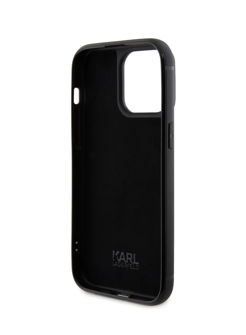 كارل لاغرفيلد جراب iPhone 15 Pro مرصع بأحجار الراين مع لوحة معدنية بشعار / سهل التركيب / حماية من السقوط / غطاء خلفي رفيع - فضي