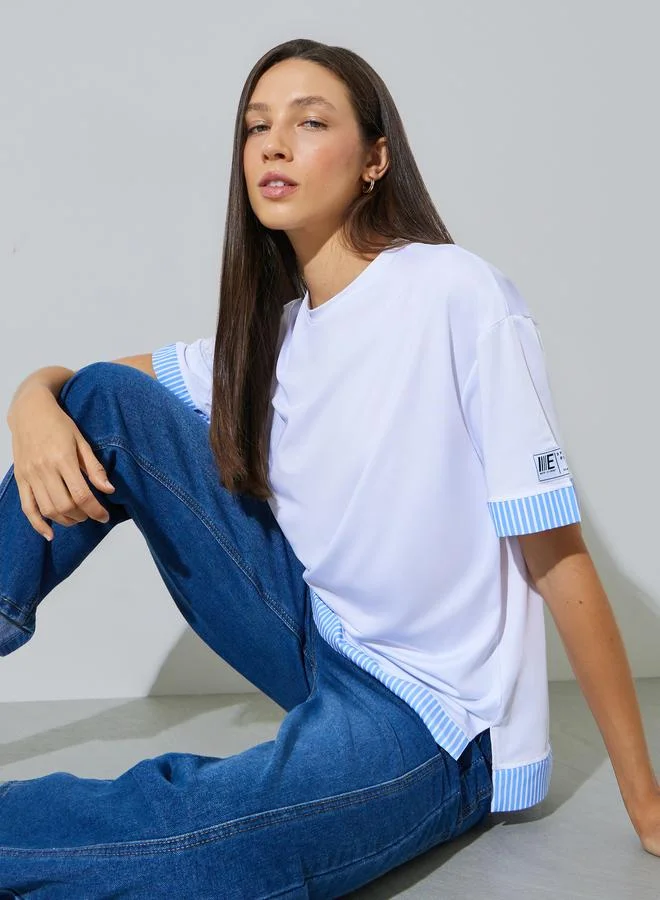 Styli White Layered Hem T-Shirt with Striped Detail