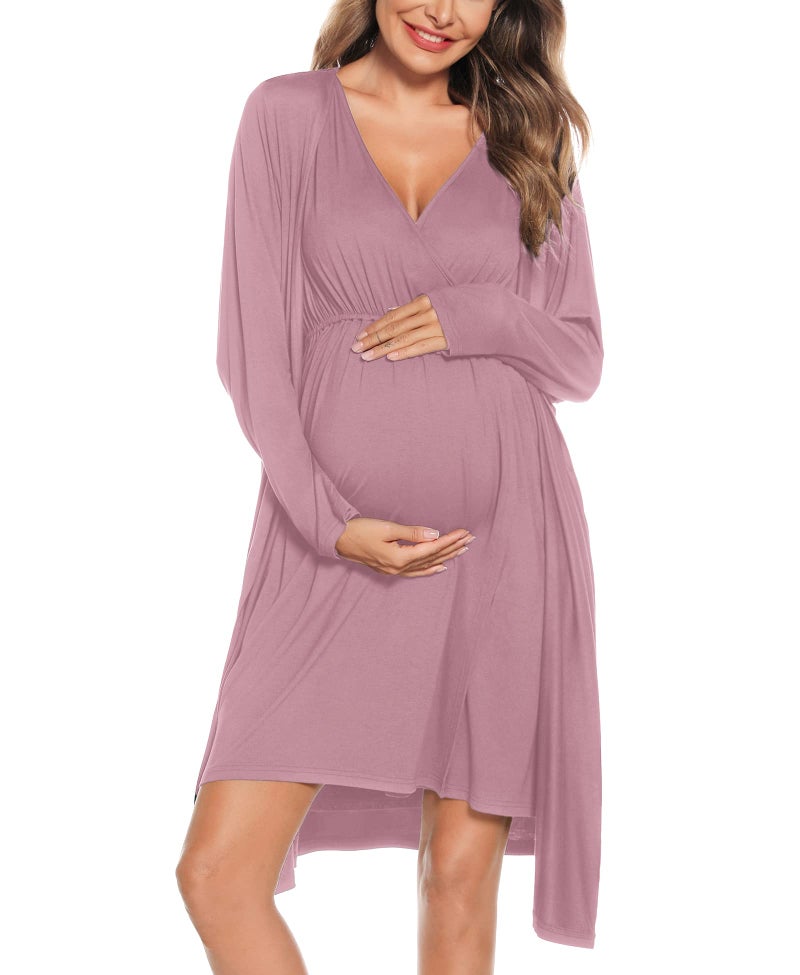 SWOMOG Womens Maternity Robe 2 Piece Nursing Nightgown for Breastfeeding 3 in 1 Labor Delivery Nursing Dress Birthing Bathrobe - Image 1
