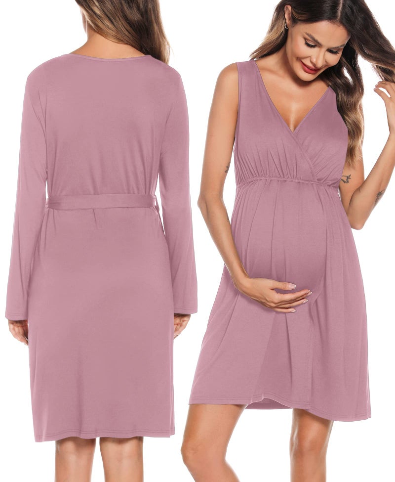 SWOMOG Womens Maternity Robe 2 Piece Nursing Nightgown for Breastfeeding 3 in 1 Labor Delivery Nursing Dress Birthing Bathrobe - Image 4