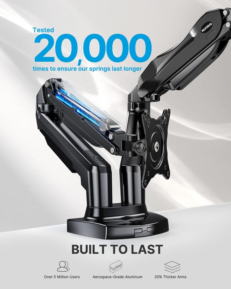 HUANUO Dual Monitor Stand - Full Adjustable Monitor Desk Mount Swivel Vesa Bracket with C Clamp, Grommet Mounting Base for 13 to 32 Inch Computer Screens - Each Arm Holds 4.4 to 19.8lbs - Image 5