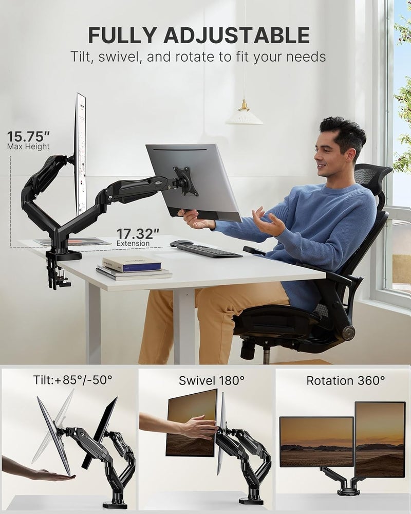 HUANUO Dual Monitor Stand - Full Adjustable Monitor Desk Mount Swivel Vesa Bracket with C Clamp, Grommet Mounting Base for 13 to 32 Inch Computer Screens - Each Arm Holds 4.4 to 19.8lbs - Image 3