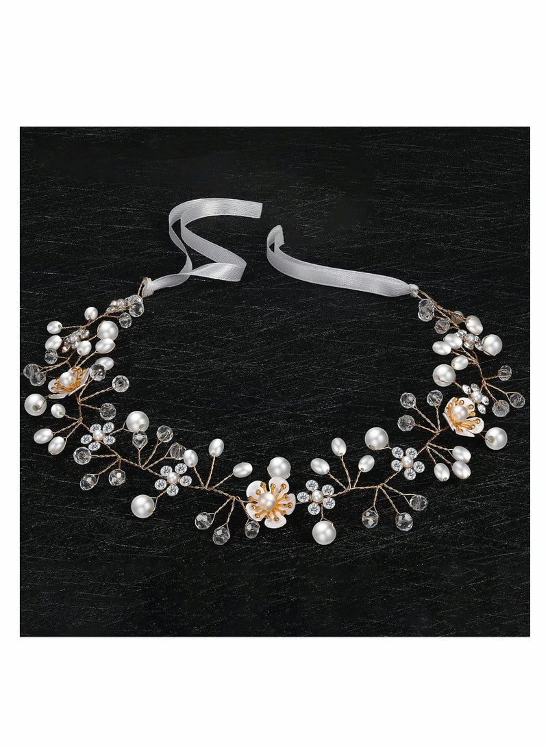 Excefore عصابة رأس من اللؤلؤ والكريستال، قطعة رأس من زهرة اللؤلؤ لحفلات الزفاف، كرمة شعر للعروس، كرمة شعر من أحجار الراين، رباط شعر من الكريستال بأوراق فضية، إكسسوارات شعر للنساء والفتيات ووصيفات العروس وحفلات الزفاف - Image 1
