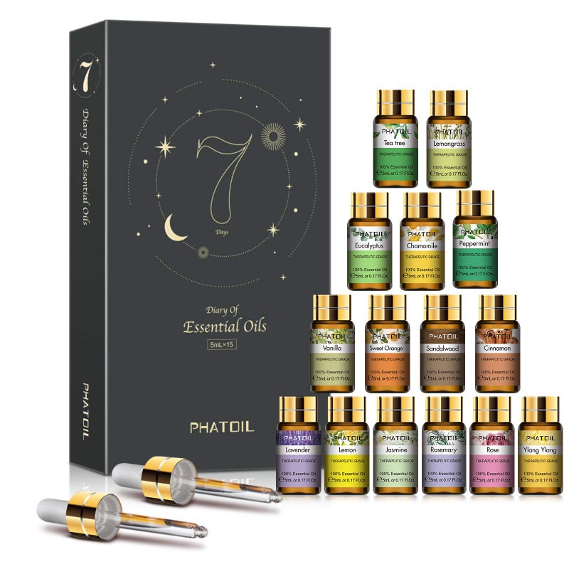 PHATOIL مجموعة زيوت عطرية أساسية من PHATOIL 15 قطعة - زيوت عطرية عالية الجودة لموزع الروائح، اليوغا، المنزل، المكتب، وصنع الصابون والشموع - 5 مل/زجاجة - Image 1