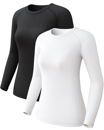 CL convallaria 2 Pack Women's Long Sleeve Compression Shirts, Cool Dry Workout Athletic Tops Sun Protection Cooling Shirts for Yoga Running Hiking Gym Black/White Large - Image 1