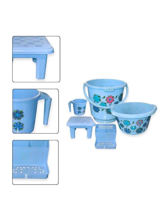 SNH Bathroom Set | 5 Pcs Plastic Bath Accessories | Water Bucket, Bath Tub, Bath Mug, Bath Seat, Storage Basket Stand | Durable Household Bathroom Organizer Essentials Pack - Image 2