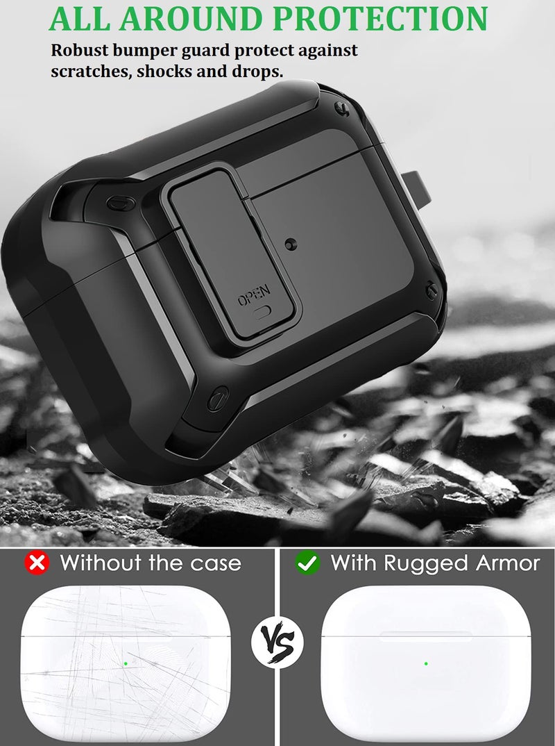 Olytop Airpods 3 Case Cover 2021 with Lock, Armor Military Full-Body Rugged Cool AirPod 3 Protective Shockproof Skin Case Men Women with Carabiner for Apple Airpods 3rd Generation Charging Case-Black - Image 4