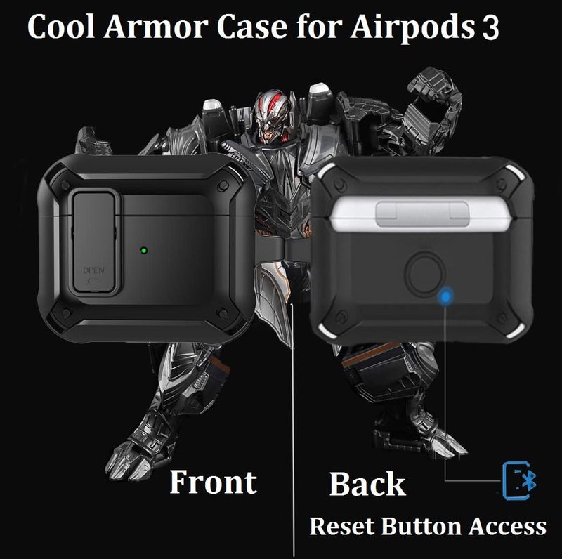 Olytop Airpods 3 Case Cover 2021 with Lock, Armor Military Full-Body Rugged Cool AirPod 3 Protective Shockproof Skin Case Men Women with Carabiner for Apple Airpods 3rd Generation Charging Case-Black - Image 3