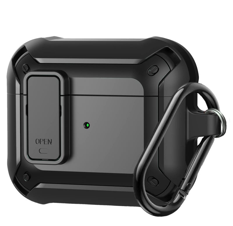 Olytop Airpods 3 Case Cover 2021 with Lock, Armor Military Full-Body Rugged Cool AirPod 3 Protective Shockproof Skin Case Men Women with Carabiner for Apple Airpods 3rd Generation Charging Case-Black - Image 1