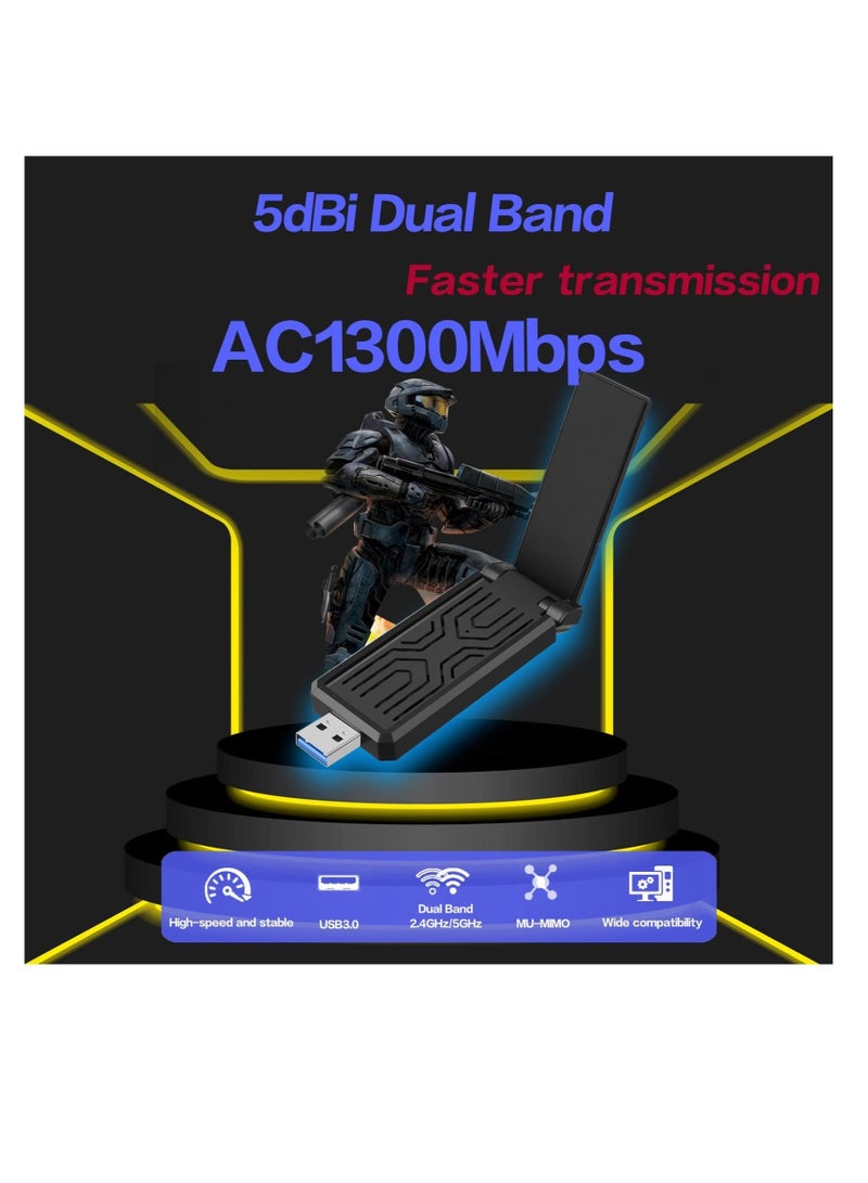كابتن تيك USB WiFi Adapter, for Desktop PC WiFi Adapter, Wireless USB Network Adapter, AC1300Mbps Long Range, Dual-Band 5dBi High Gain Antenna, USB3.0, 2.4GHz/5GHz, Windows7-11/XP, Mac OS 10.9-10.15 KSA | Riyad - Image 2