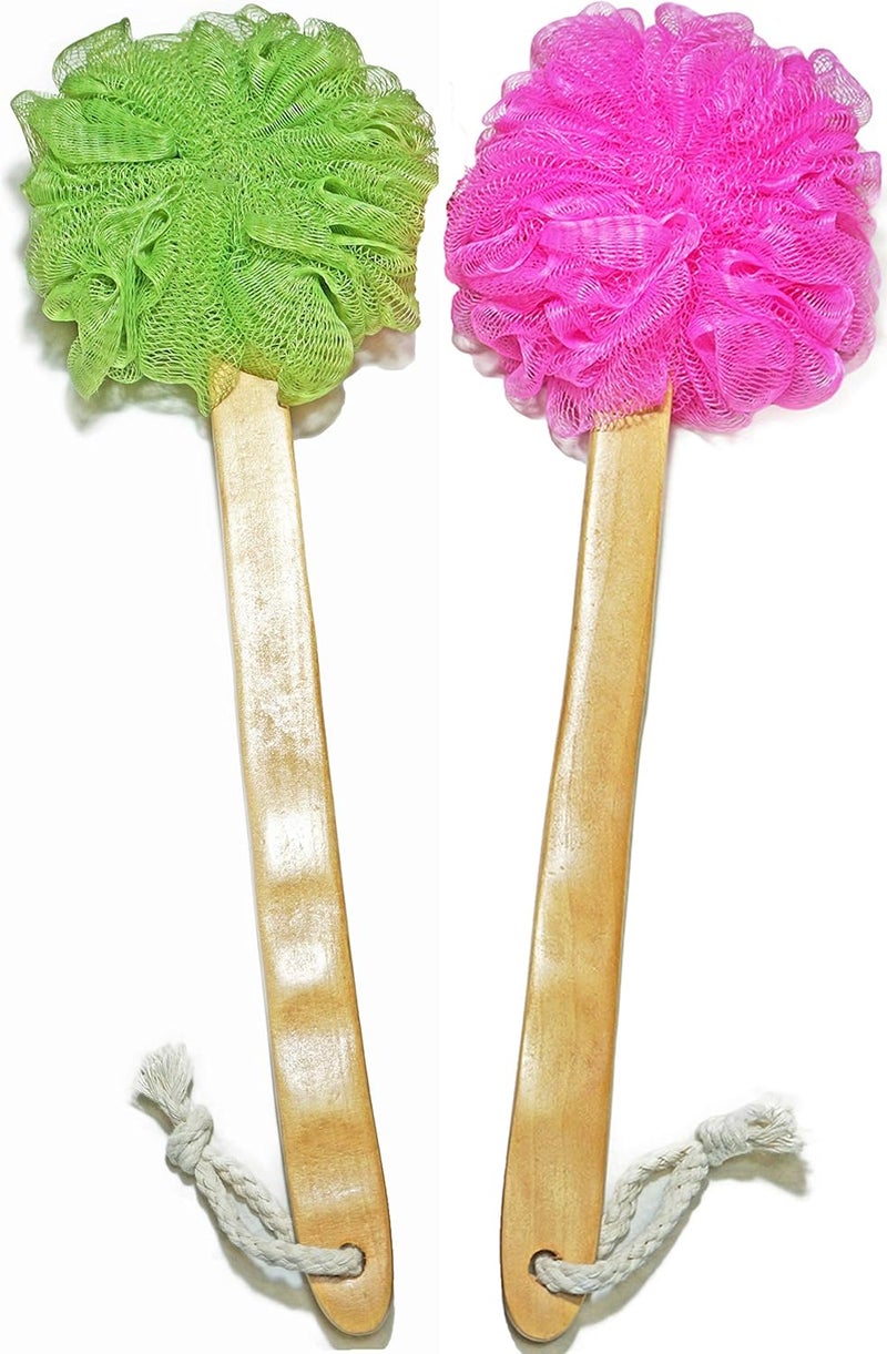 Shower Loofah Body & Back Scrubber - Exfoliating Loofah luffa loofa Bath Brush On a Stick - with Long Wooden Handle Back Brush for Men & Women - Easy Reach Body Wash & Lotion Applicator 2-Pack