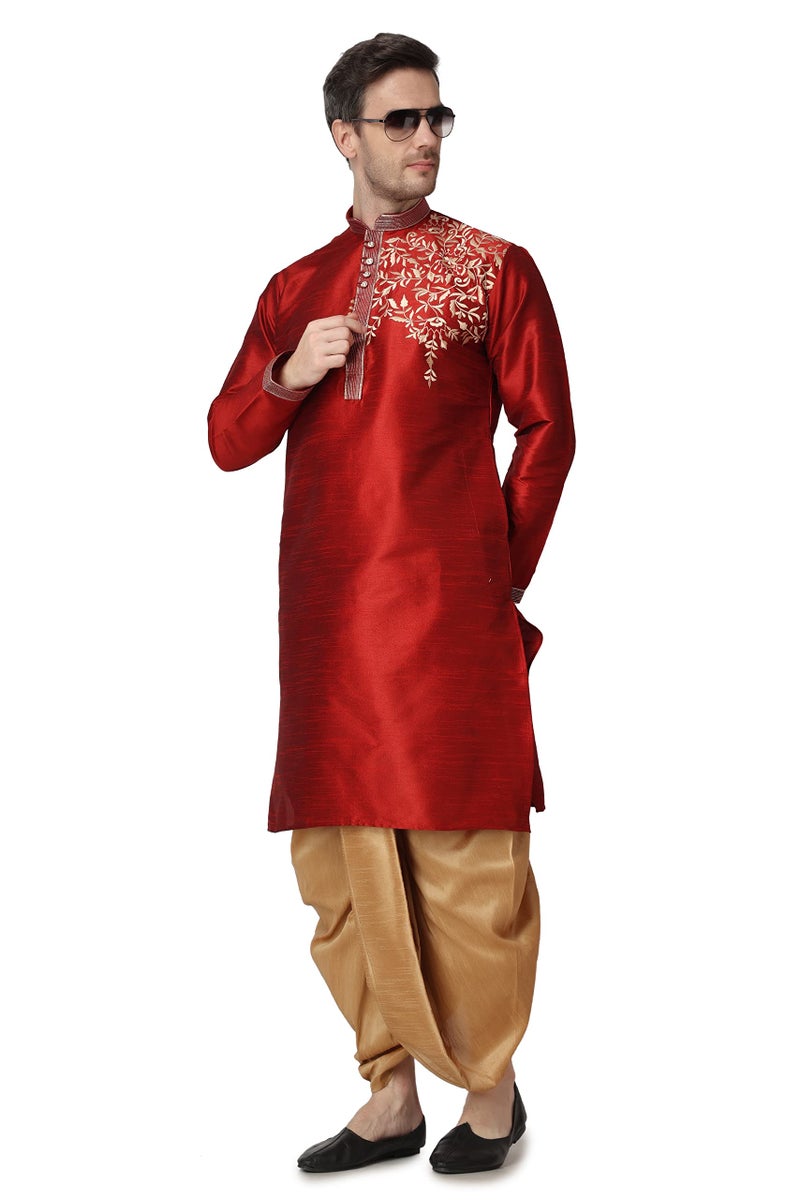 Royal Kurta Mens Silk Patchwork Dhoti Kurta Set (Maroon, Size - 38) - Image 5