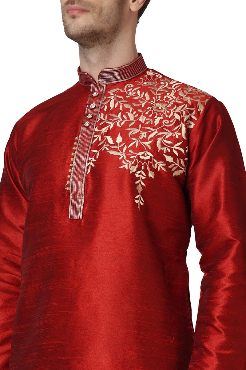 Royal Kurta Mens Silk Patchwork Dhoti Kurta Set (Maroon, Size - 38) - Image 4