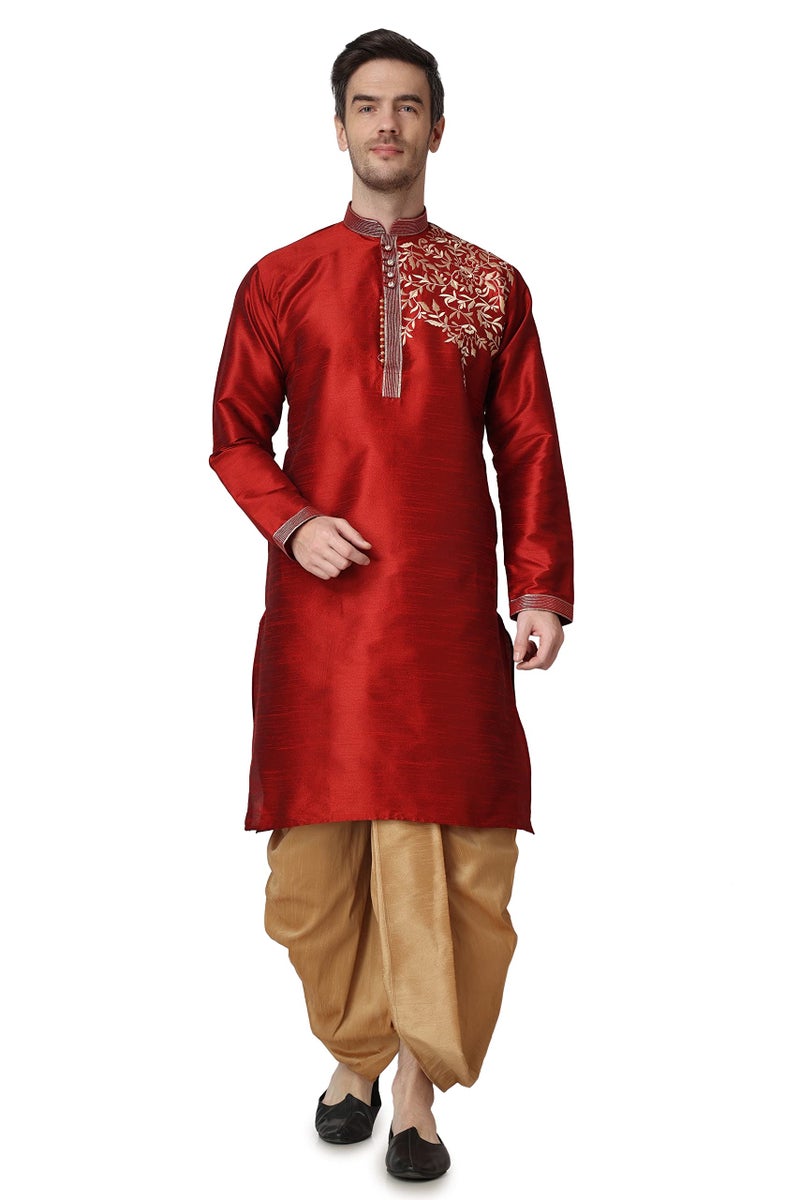 Royal Kurta Mens Silk Patchwork Dhoti Kurta Set (Maroon, Size - 38) - Image 1