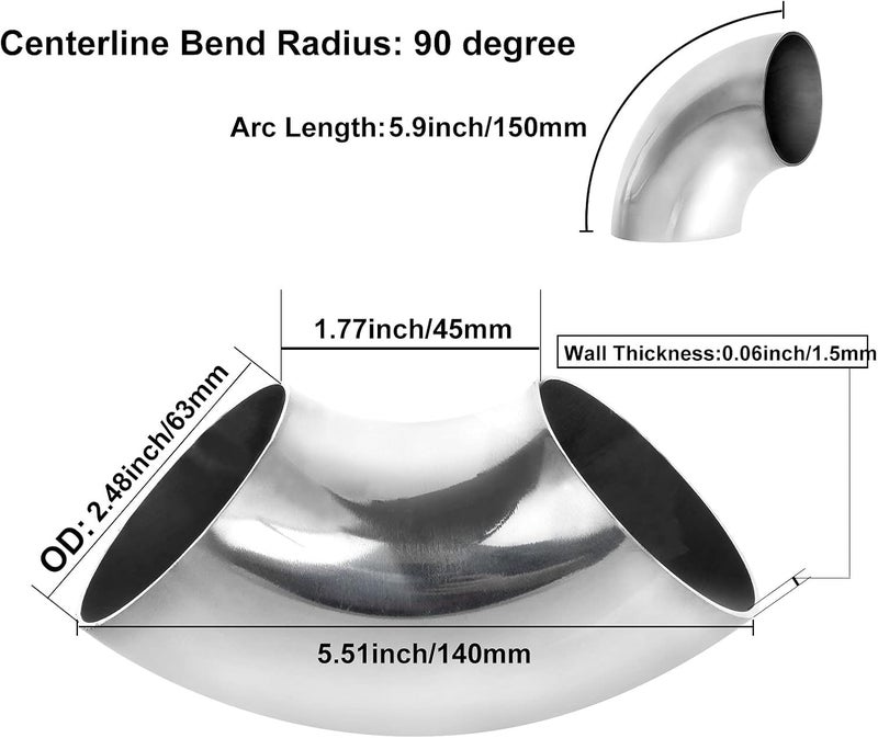 Acrux7 4 Pack 304 Stainless Steel Mandrel Bend Elbow, 90 Degree Exhaust Elbow Pipe, 2.5 Inch OD Mandrel Elbow, Thickness 16GA/.065" for Car Modified Exhaust Elbow Pipe, Stair Handrail, Exhaust System - Image 2