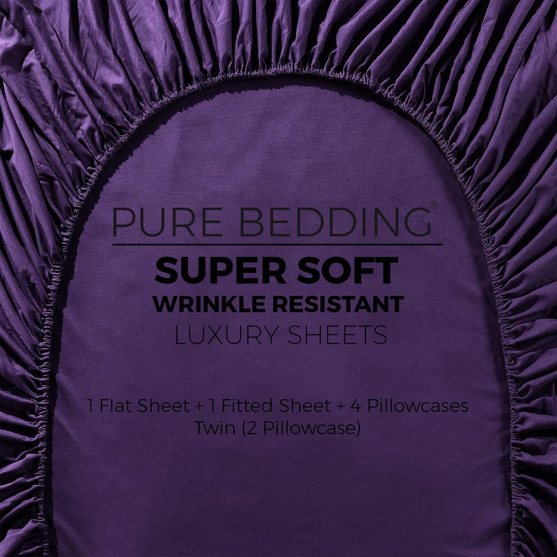 Pure Bedding Bed Sheets - Full Sheet Set [6-Piece  Purple] - Hotel Luxury 1800 Brushed Microfiber - Soft and Breathable - Deep Pocket Fitted Sheet  Flat Sheet  Pillow Cases - Image 5