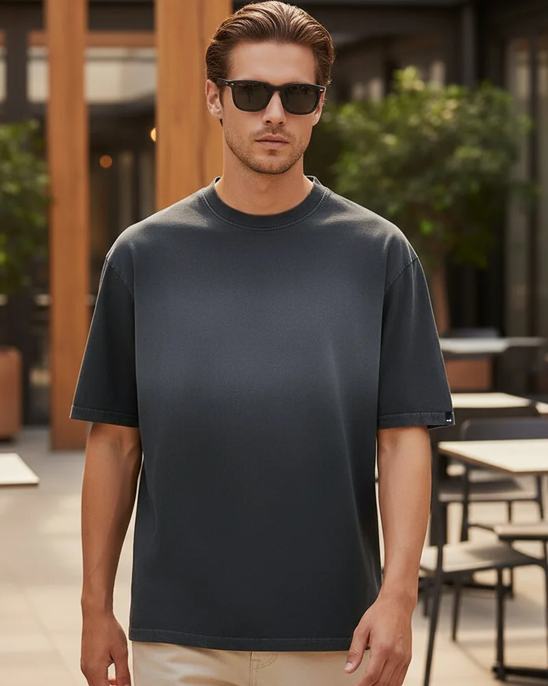 بيواكوف تيشيرت رجالي أسود واسع بتدرج لوني مغسول بالحمض