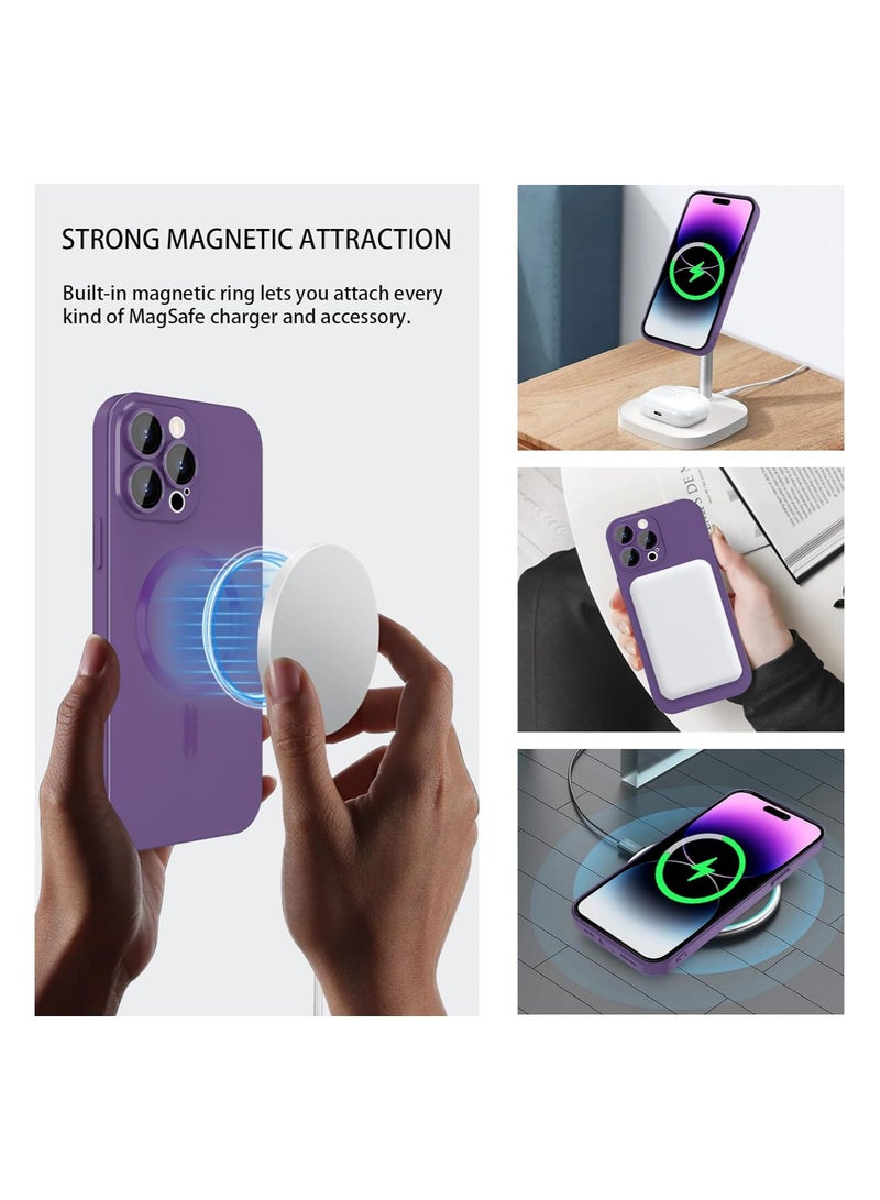 Magnetic case for iPhone 15 Pro Max Phone Case for Women, Matte Luxury Soft Metallic Luster Design with Camera Lens Protector, Compatible with Magsafe Case for iPhone 15 Pro Max 6.7"-Purple
