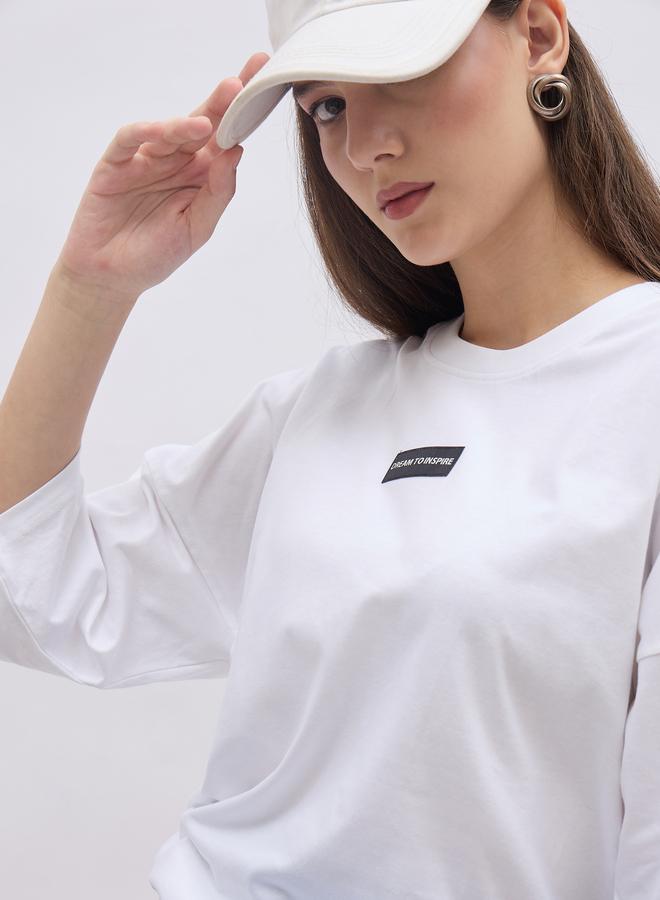 Styli Women White Badge Detail Dropped Shoulder Oversized T-Shirt - Image 4