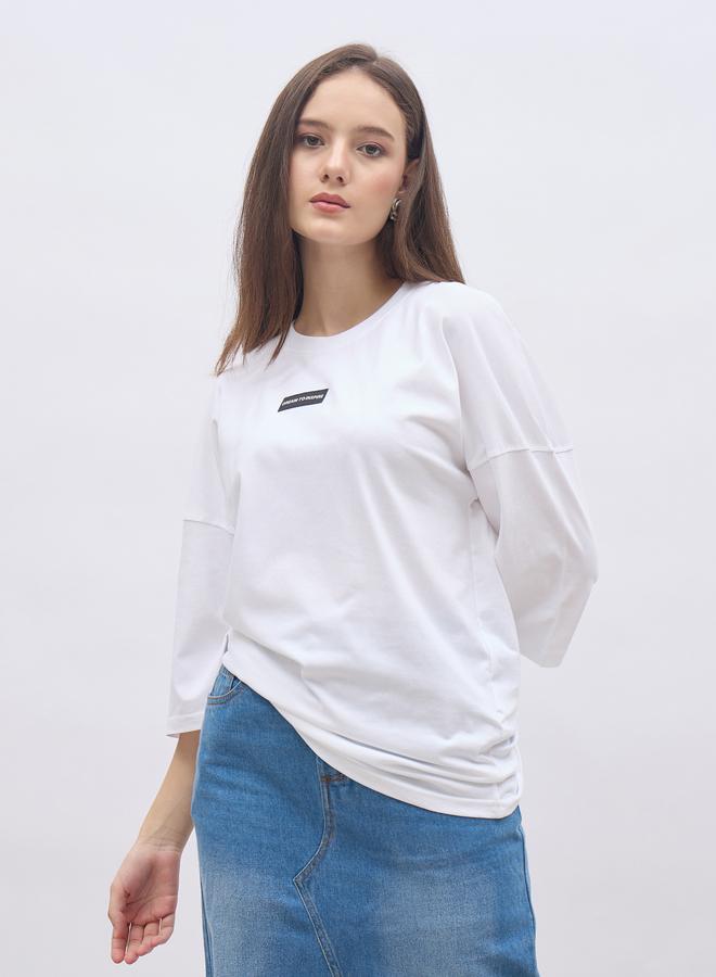 Styli Women White Badge Detail Dropped Shoulder Oversized T-Shirt - Image 2