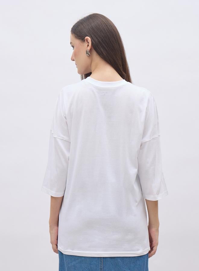 Styli Women White Badge Detail Dropped Shoulder Oversized T-Shirt - Image 5