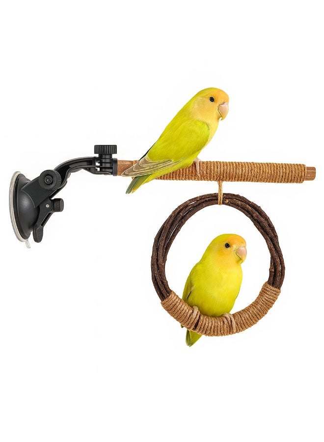 حامل لعب للطيور مزوّد بكوب شفط، مع مجثم خشبي ولعبة أرجوحة للبُدجِي والعصافير والببغاوات الصغيرة، يمكن تثبيته على النافذة أو القفص، مجثم تفاعلي للطيور (25 × 22 × 6.7 سم) - Image 1