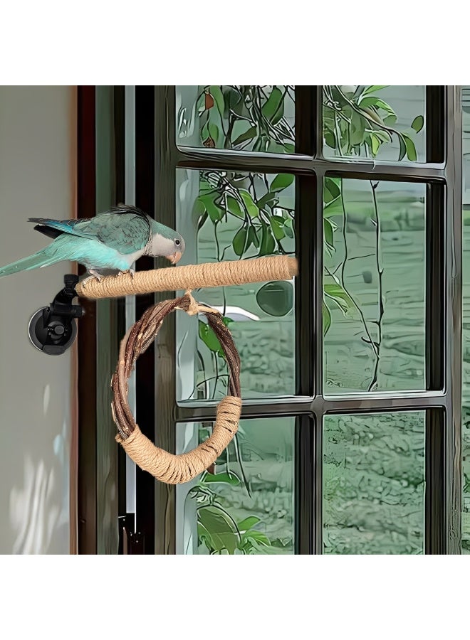 حامل لعب للطيور مزوّد بكوب شفط، مع مجثم خشبي ولعبة أرجوحة للبُدجِي والعصافير والببغاوات الصغيرة، يمكن تثبيته على النافذة أو القفص، مجثم تفاعلي للطيور (25 × 22 × 6.7 سم) - Image 2