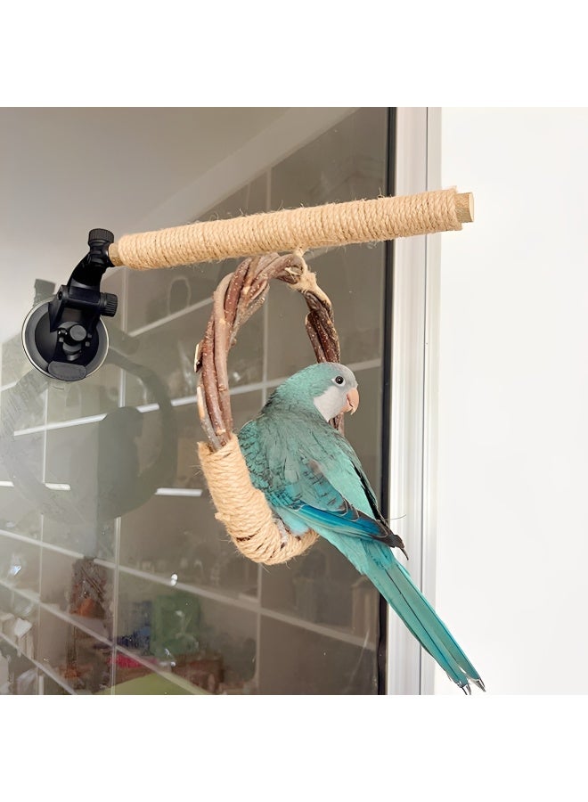 حامل لعب للطيور مزوّد بكوب شفط، مع مجثم خشبي ولعبة أرجوحة للبُدجِي والعصافير والببغاوات الصغيرة، يمكن تثبيته على النافذة أو القفص، مجثم تفاعلي للطيور (25 × 22 × 6.7 سم) - Image 3