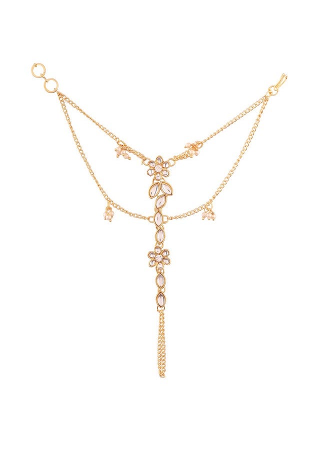 I Jewels I Jewels Traditional Gold Plated Kundan Pearl Hath Phool/Punja/Adjustable Chain Bracelet with Ring for Women (PIJ011W)  - Image 1