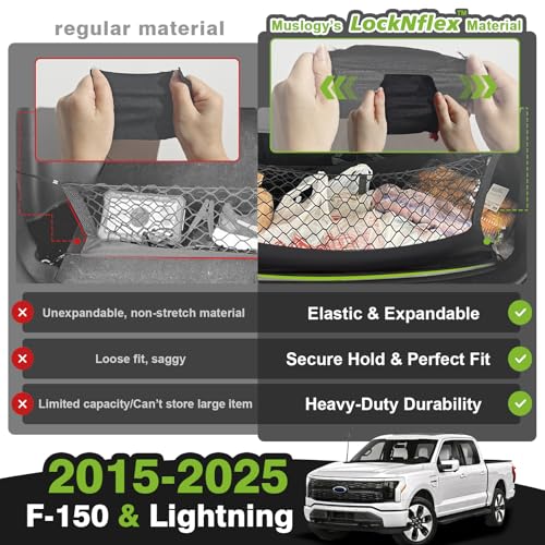 Muslogy Truck Bed Cargo Net Compatible with Ford F-150 & Lightning 2015-2025, Accessories Storage Organizer Pickup Truck Bed Envelope Style Cargo Net with Heavy Duty Carabiners - Image 5