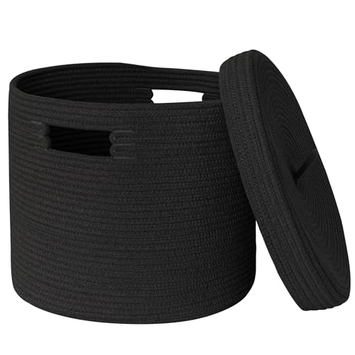 HONCESTA Storage Basket with Lid 15 x 13 Lidded Blanket Basket Living Room Black Woven Baskets for Storage Nursery Kids Cotton Rope Toy Bin Box with Cover Wicker Laundry Basket Pillow Holder - Image 1