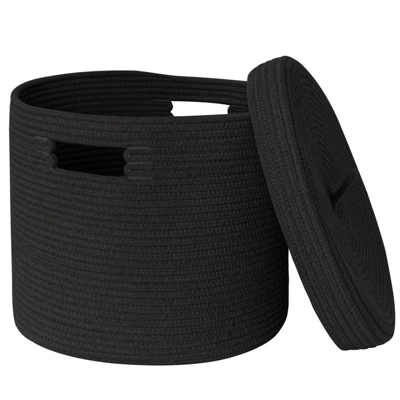 HONCESTA Storage Basket with Lid 15 x 13 Lidded Blanket Basket Living Room Black Woven Baskets for Storage Nursery Kids Cotton Rope Toy Bin Box with Cover Wicker Laundry Basket Pillow Holder - Image 2