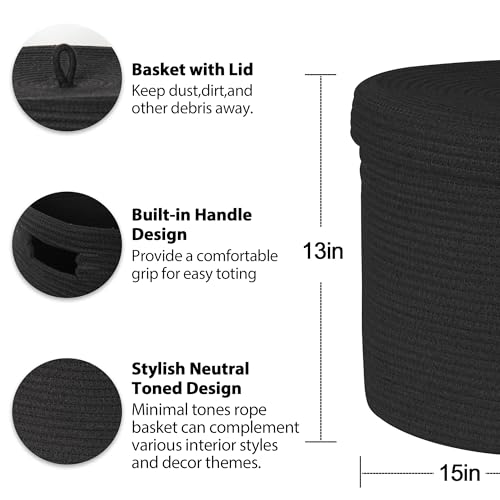 HONCESTA Storage Basket with Lid 15 x 13 Lidded Blanket Basket Living Room Black Woven Baskets for Storage Nursery Kids Cotton Rope Toy Bin Box with Cover Wicker Laundry Basket Pillow Holder - Image 3