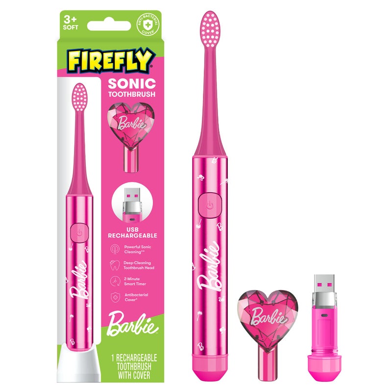 Firefly Slim Sonic Barbie Toothbrush with USB Charging and Antibacterial Cover Ages 3 1 Count