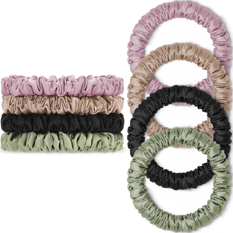 WantGor Scrunchies Hair Ties Silk Satin Scrunchy WantGor Women 4PC Pure Mulberry Silk Skinny Elastic Scrunchies Hair Bands Bracelets Ponytail Holders Hair Accessories BlackChampagnePinkGreen - Image 3
