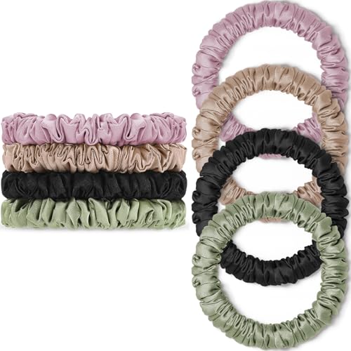 WantGor Scrunchies Hair Ties Silk Satin Scrunchy WantGor Women 4PC Pure Mulberry Silk Skinny Elastic Scrunchies Hair Bands Bracelets Ponytail Holders Hair Accessories BlackChampagnePinkGreen - Image 1
