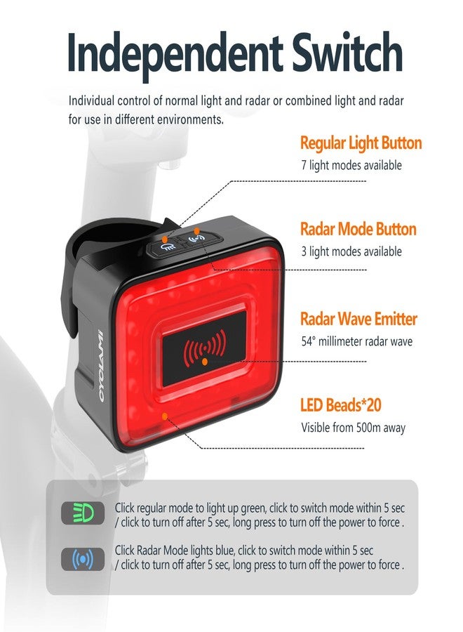 CYCLAMI Bike Tail Light Radar, Smart Brake Warning Radar Detection 500m Monitoring Distance, Auto Light, Rear Taillight with Visual Alerts for Approaching Vehicles, USB Rechargeable, IPX6 Waterproof - Image 2