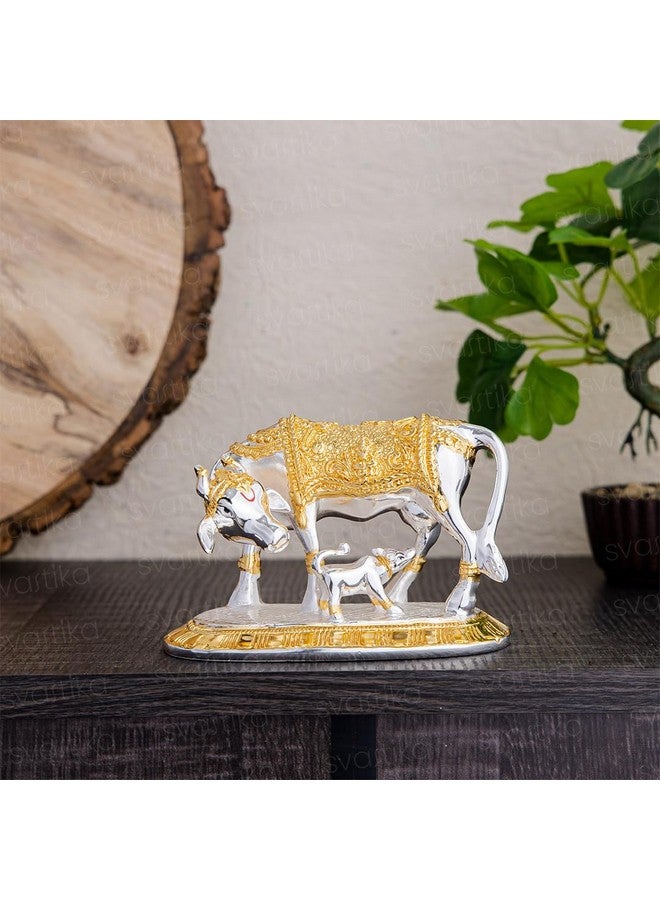 Svastika Vastu Kamdhenu Cow with Calf Idol | 24K Gold & 999 Silver Plated | Excellent Vastu Correction Remedy for Financial Problems | Wedding & Housewarming Gift (3.5 Inch) - Image 1