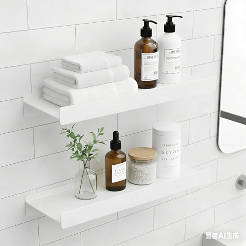 dancrul Small Shelves for Wall, Metal Floating Shelves Wall Mounted with Lip for Storage No Wobble, Heavy Duty Wall Shelves for Bathroom/Kitchen/Bedroom/Small Spaces, White 12 inch 2 Pack - Image 1