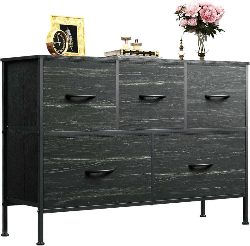 WLIVE Dresser for Bedroom with 5 Drawers, Long Storage Dresser, Fabric Dressers, Storage Drawer Unit with Fabric Bins for Closet, Hallway, Charcoal Black Wood Grain Print, Size L - Image 1