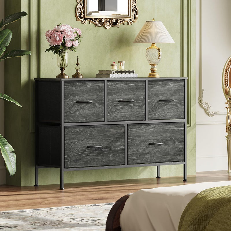 WLIVE Dresser for Bedroom with 5 Drawers, Long Storage Dresser, Fabric Dressers, Storage Drawer Unit with Fabric Bins for Closet, Hallway, Charcoal Black Wood Grain Print, Size L - Image 3