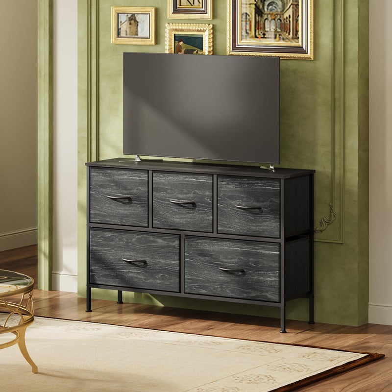 WLIVE Dresser for Bedroom with 5 Drawers, Long Storage Dresser, Fabric Dressers, Storage Drawer Unit with Fabric Bins for Closet, Hallway, Charcoal Black Wood Grain Print, Size L - Image 2