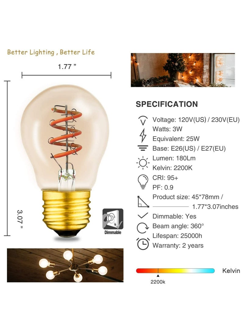 Zikra Globe LED Filament Bulb, Dimmable 3 Watt Spiral Filament G45, Gold E26 Base, Amber Glass, Soft Warm White 2200K, Edison Light Bulbs 25 Watt Equivalent, for Pendant, Chandeliers Vanity Wall (4Pcs) - Image 2