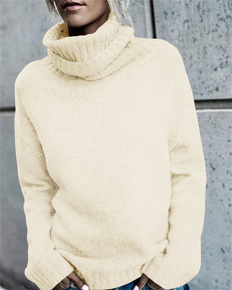 FISACE Womens Oversized Turtleneck Pullover Sweater Cable Knit Long Sleeve Sweater Tops A-White - Image 2